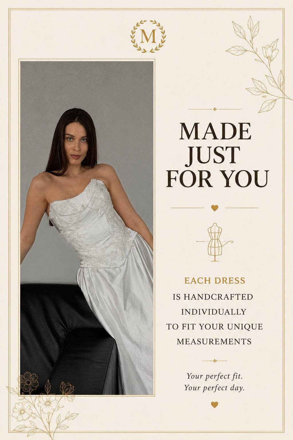 Beaded Lace Wedding Dress, Two Piece Satin Corset A-Line Gown, Custom Made