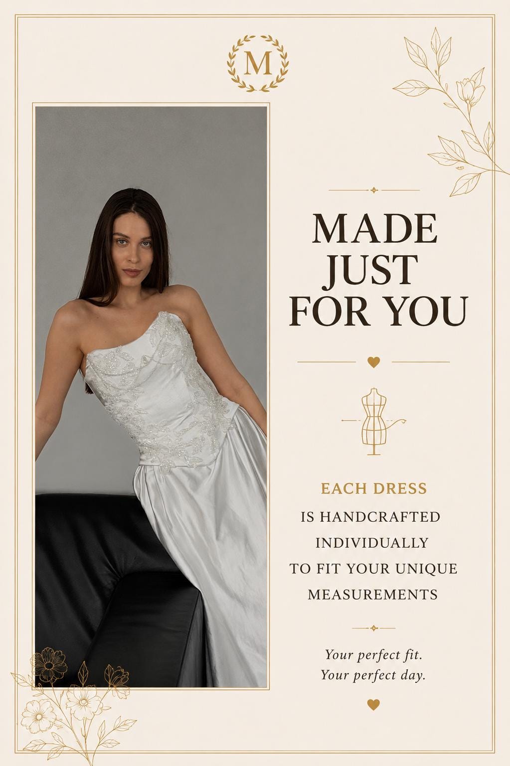 Beaded Lace Wedding Dress, Two Piece Satin Corset A-Line Gown, Custom Made