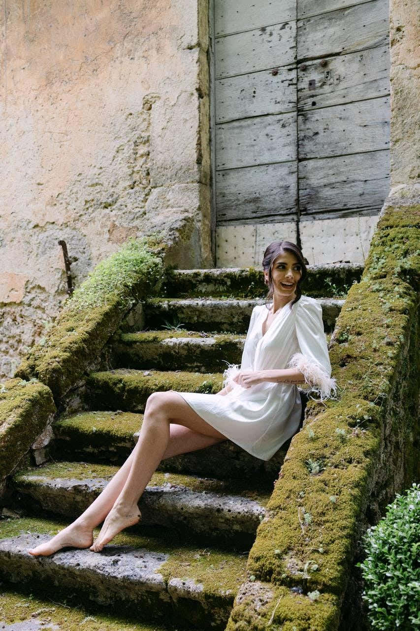 Feather Bridal Robe, Short Satin Dressing Gown, Custom Handmade