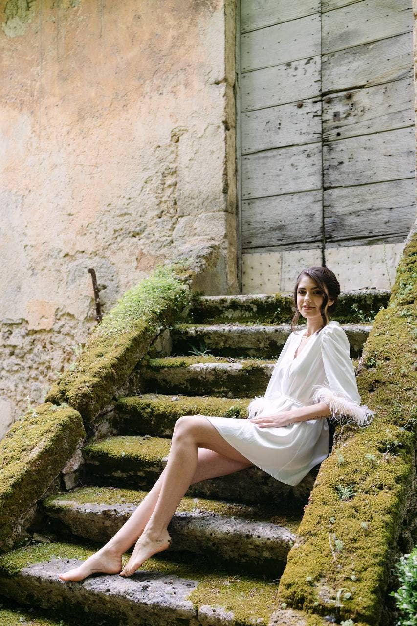 Feather Bridal Robe, Short Satin Dressing Gown, Custom Handmade