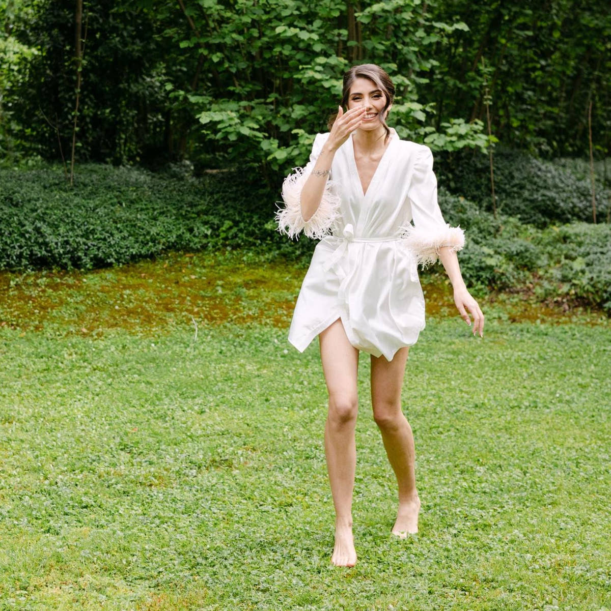 Feather Bridal Robe, Short Satin Dressing Gown, Custom Handmade