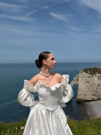 Off-Shoulder Taffeta Wedding Dress, Two Piece Corset A-Line, Detachable Sleeves