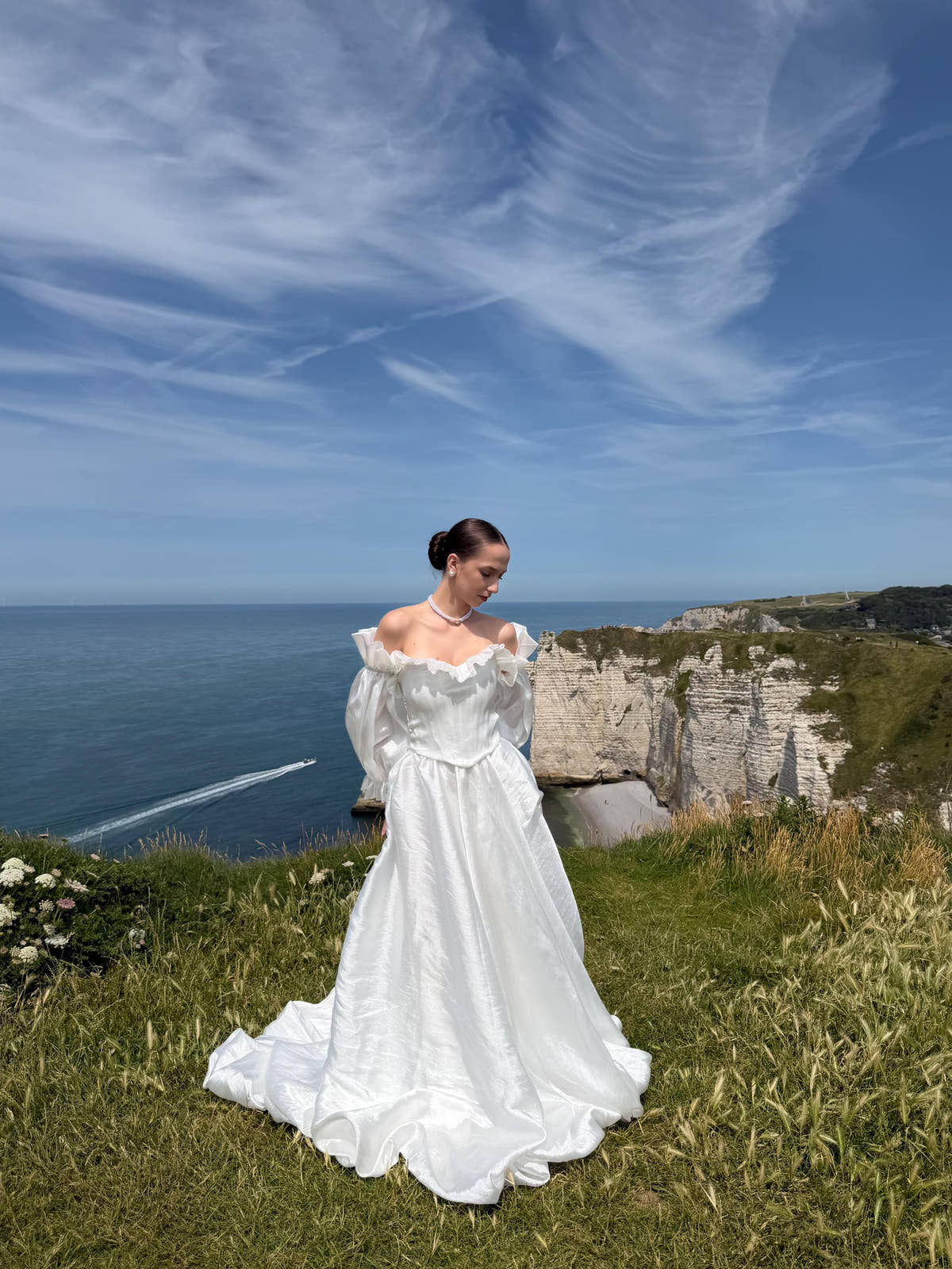 Off-Shoulder Taffeta Wedding Dress, Two Piece Corset A-Line, Detachable Sleeves