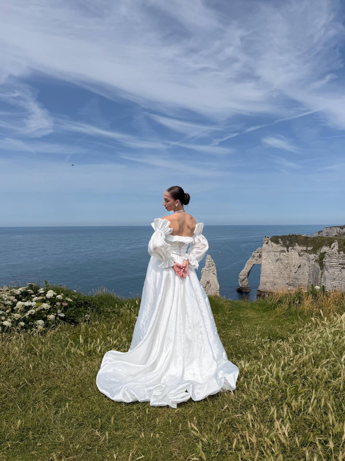 Off-Shoulder Taffeta Wedding Dress, Two Piece Corset A-Line, Detachable Sleeves