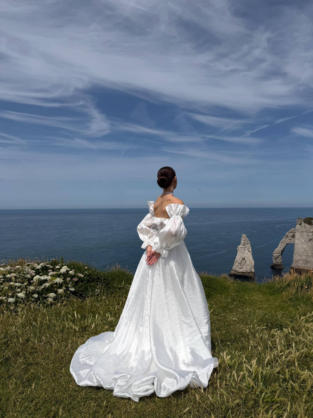 Off-Shoulder Taffeta Wedding Dress, Two Piece Corset A-Line, Detachable Sleeves