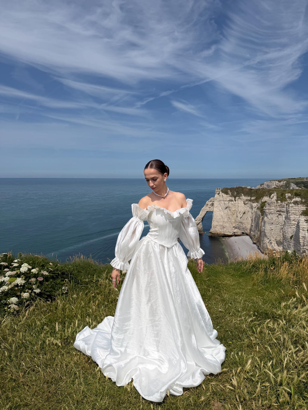 Off-Shoulder Taffeta Wedding Dress, Two Piece Corset A-Line, Detachable Sleeves