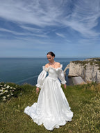 Off-Shoulder Taffeta Wedding Dress, Two Piece Corset A-Line, Detachable Sleeves
