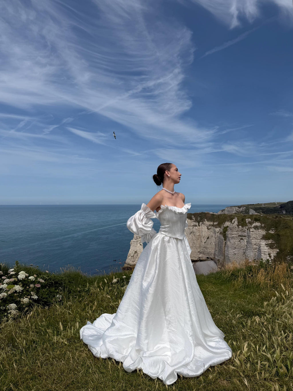 Off-Shoulder Taffeta Wedding Dress, Two Piece Corset A-Line, Detachable Sleeves