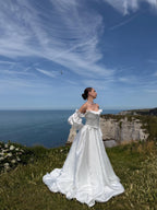 Off-Shoulder Taffeta Wedding Dress, Two Piece Corset A-Line, Detachable Sleeves