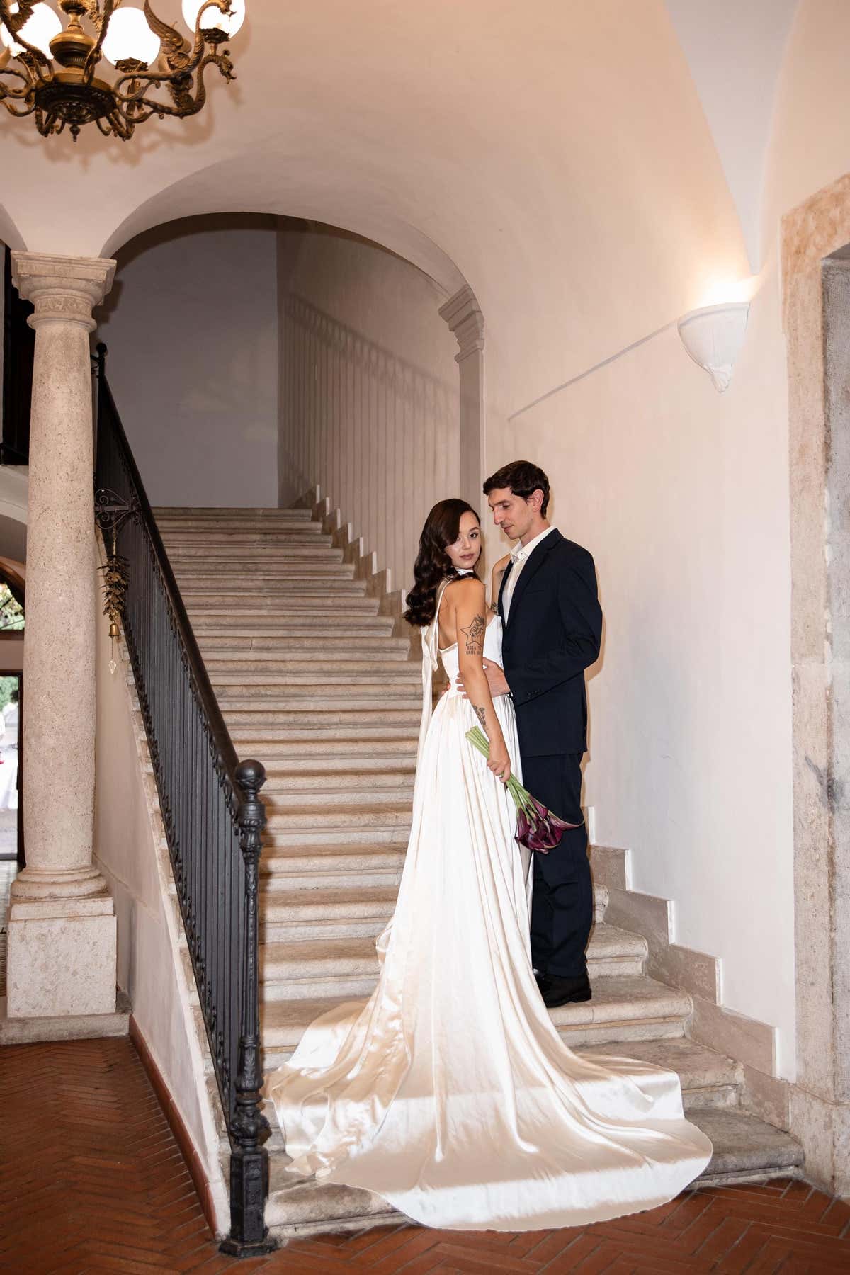 Drop Waist Satin Wedding Dress, Strapless A-Line Corset Cape Gown, Custom Made