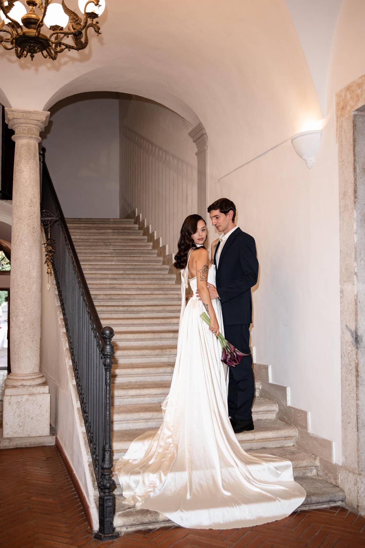 Drop Waist Satin Wedding Dress, Strapless A-Line Corset Cape Gown, Custom Made