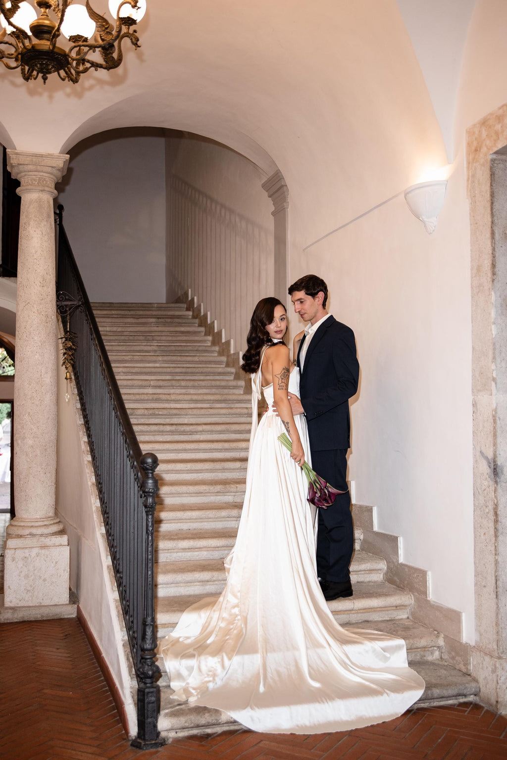 Drop Waist Satin Wedding Dress, Strapless A-Line Corset Cape Gown, Custom Made