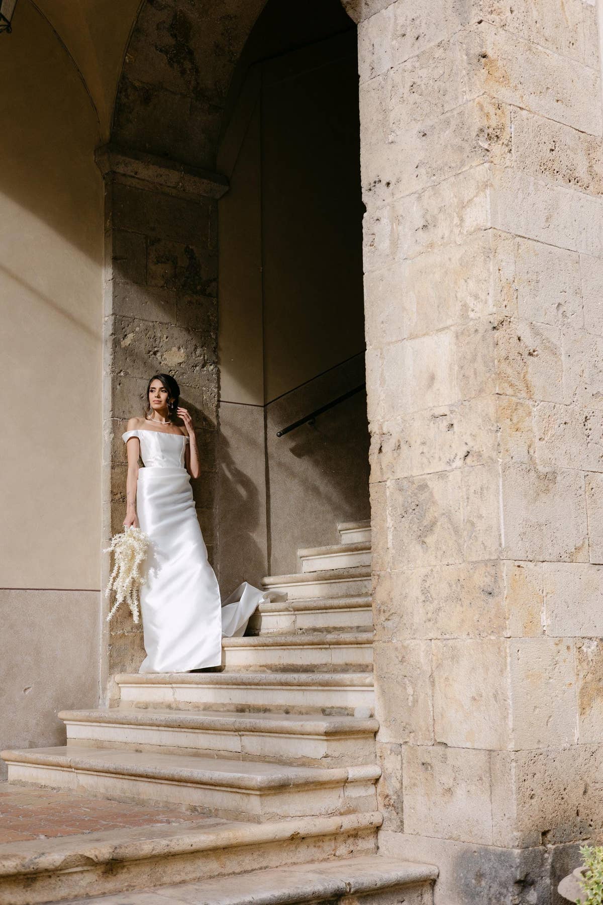 Pencil Wedding Dress, Off-Shoulder Satin Corset Gown, Detachable Train, Custom