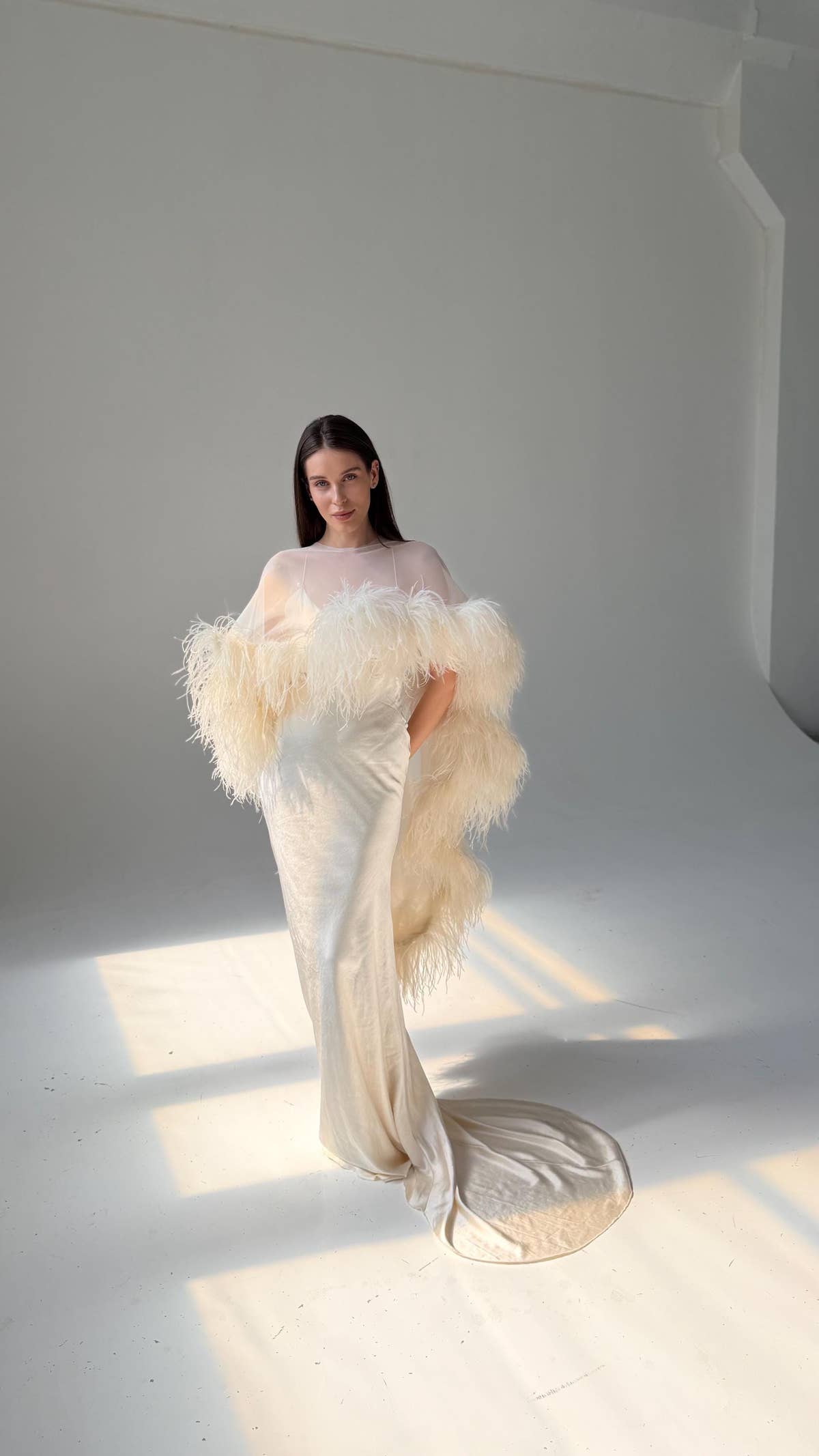 Feather Cape Wedding Dress, Mermaid Satin Slip Gown, Open Back, Custom