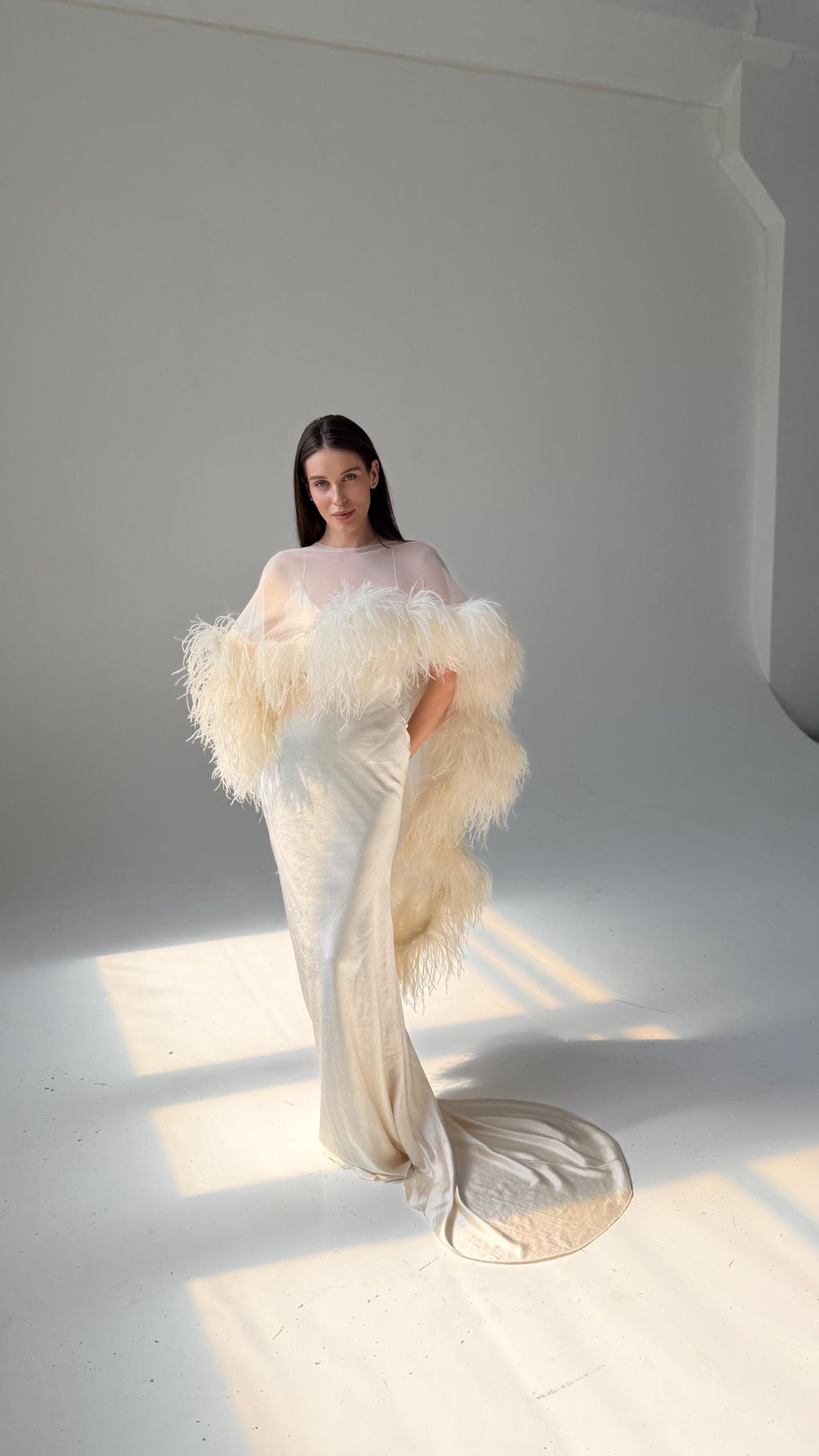 Feather Cape Wedding Dress, Mermaid Satin Slip Gown, Open Back, Custom