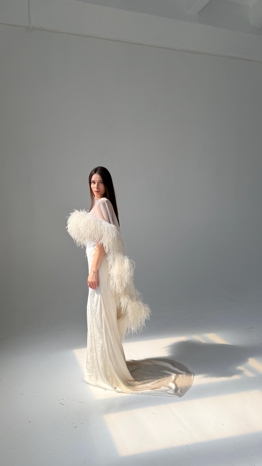 Feather Cape Wedding Dress, Mermaid Satin Slip Gown, Open Back, Custom