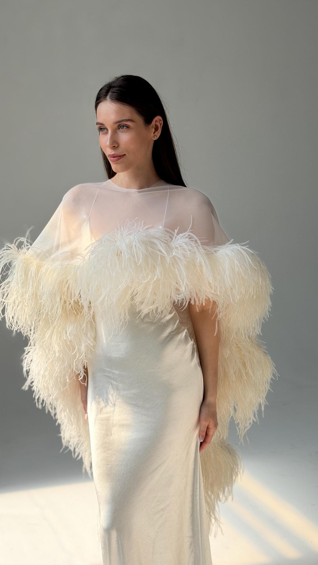 Feather Cape Wedding Dress, Mermaid Satin Slip Gown, Open Back, Custom
