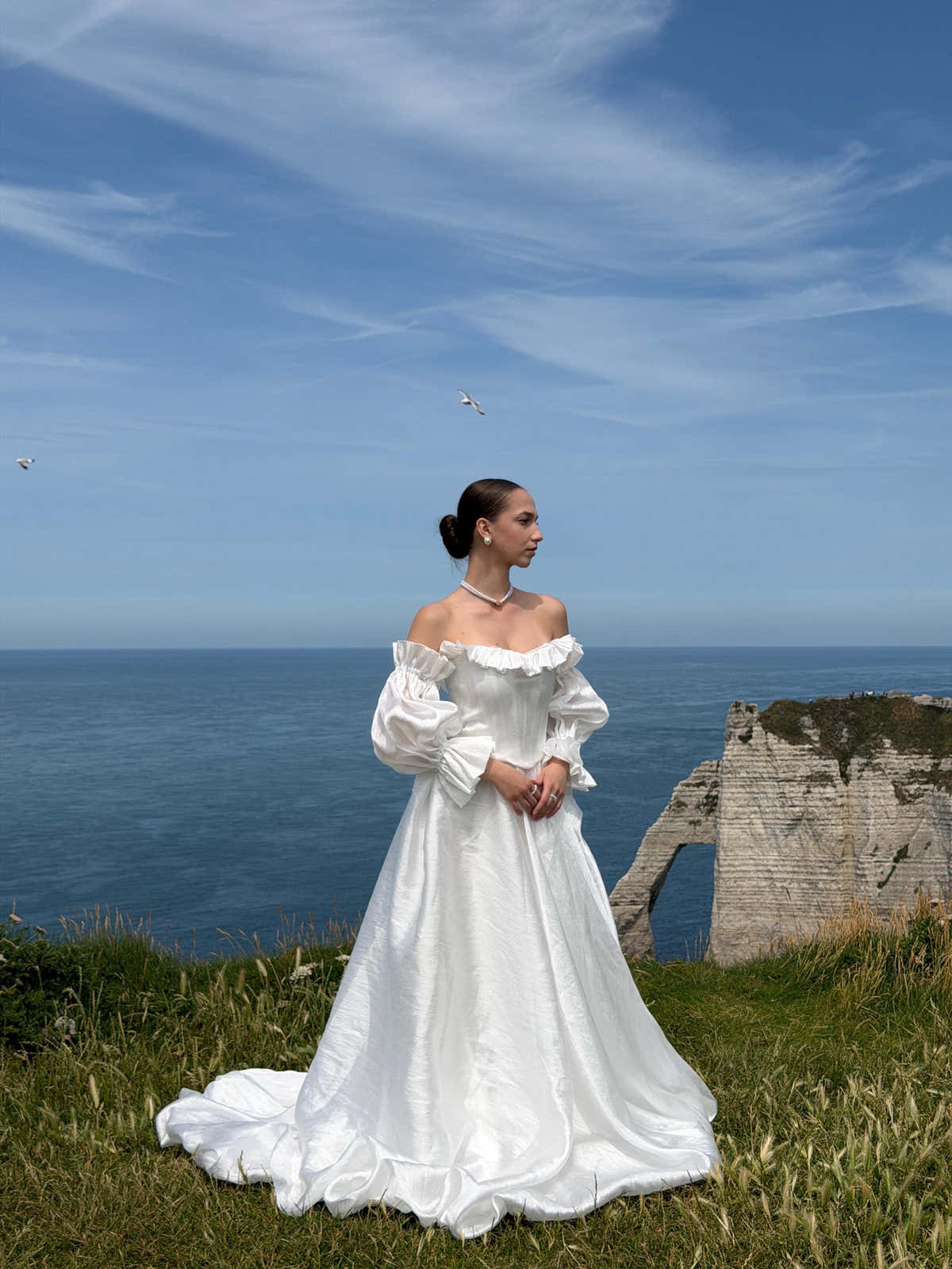 Off-Shoulder Taffeta Wedding Dress, Two Piece Corset A-Line, Detachable Sleeves