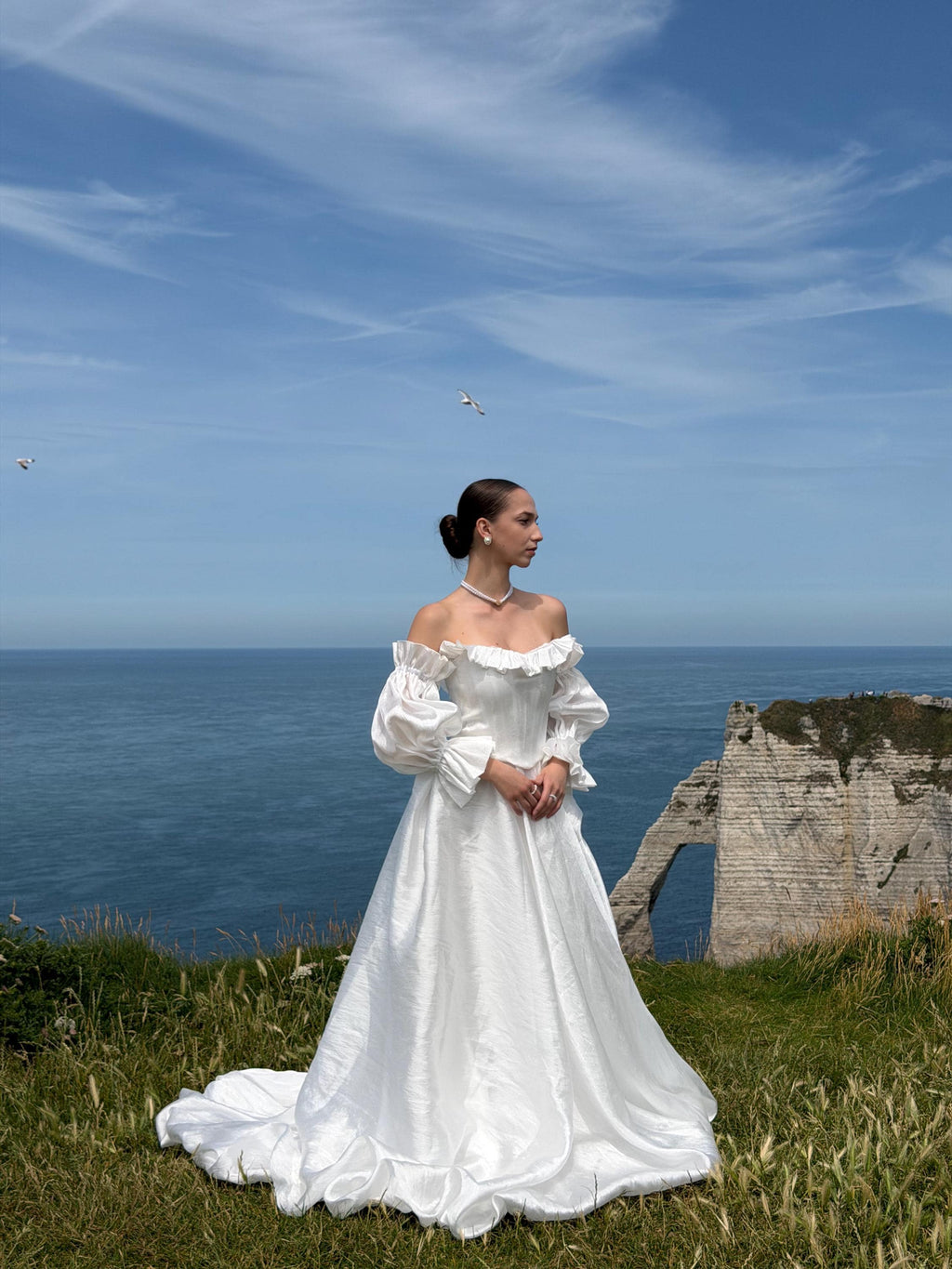 Off-Shoulder Taffeta Wedding Dress, Two Piece Corset A-Line, Detachable Sleeves