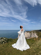 Off-Shoulder Taffeta Wedding Dress, Two Piece Corset A-Line, Detachable Sleeves