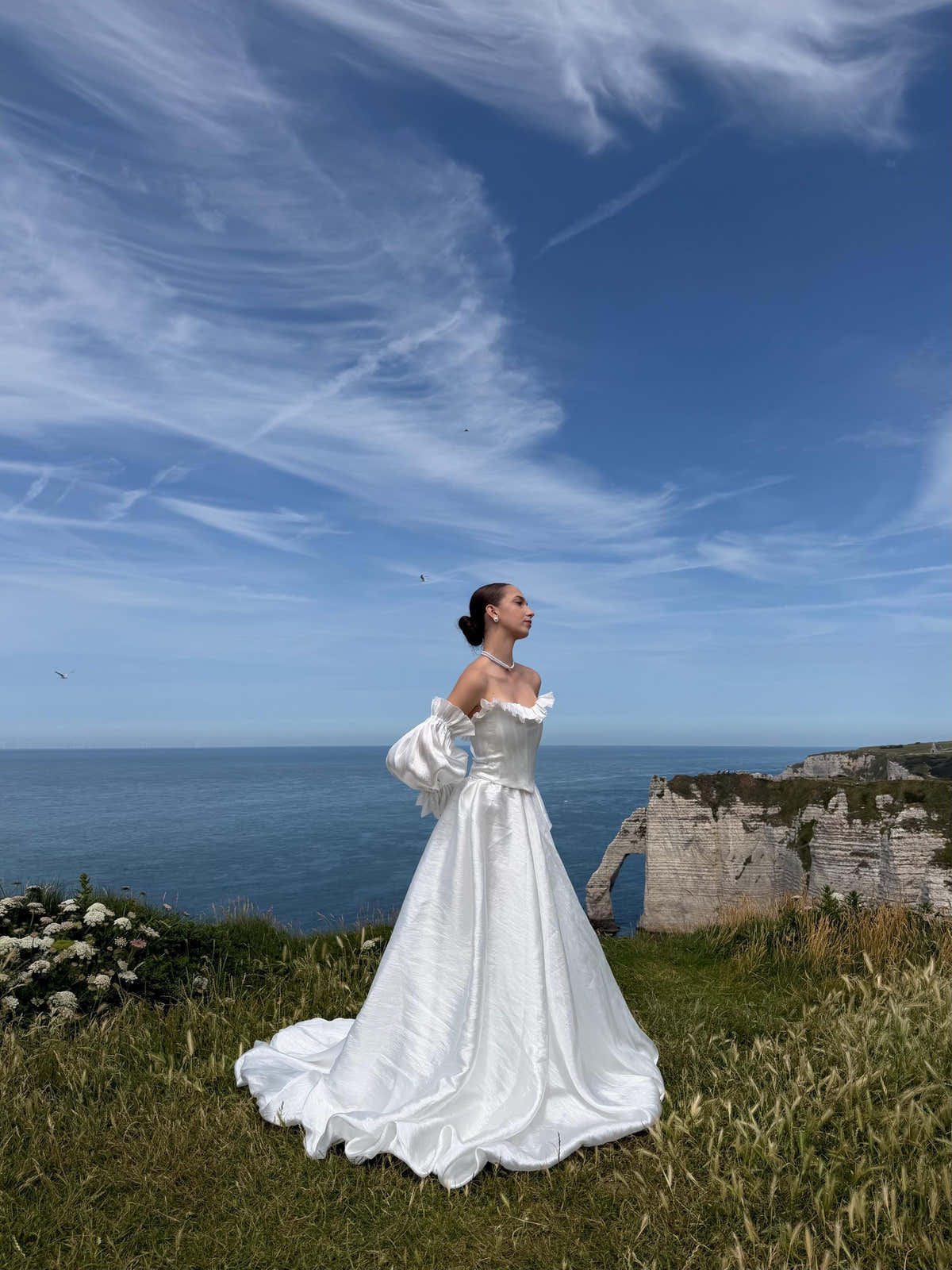 Off-Shoulder Taffeta Wedding Dress, Two Piece Corset A-Line, Detachable Sleeves