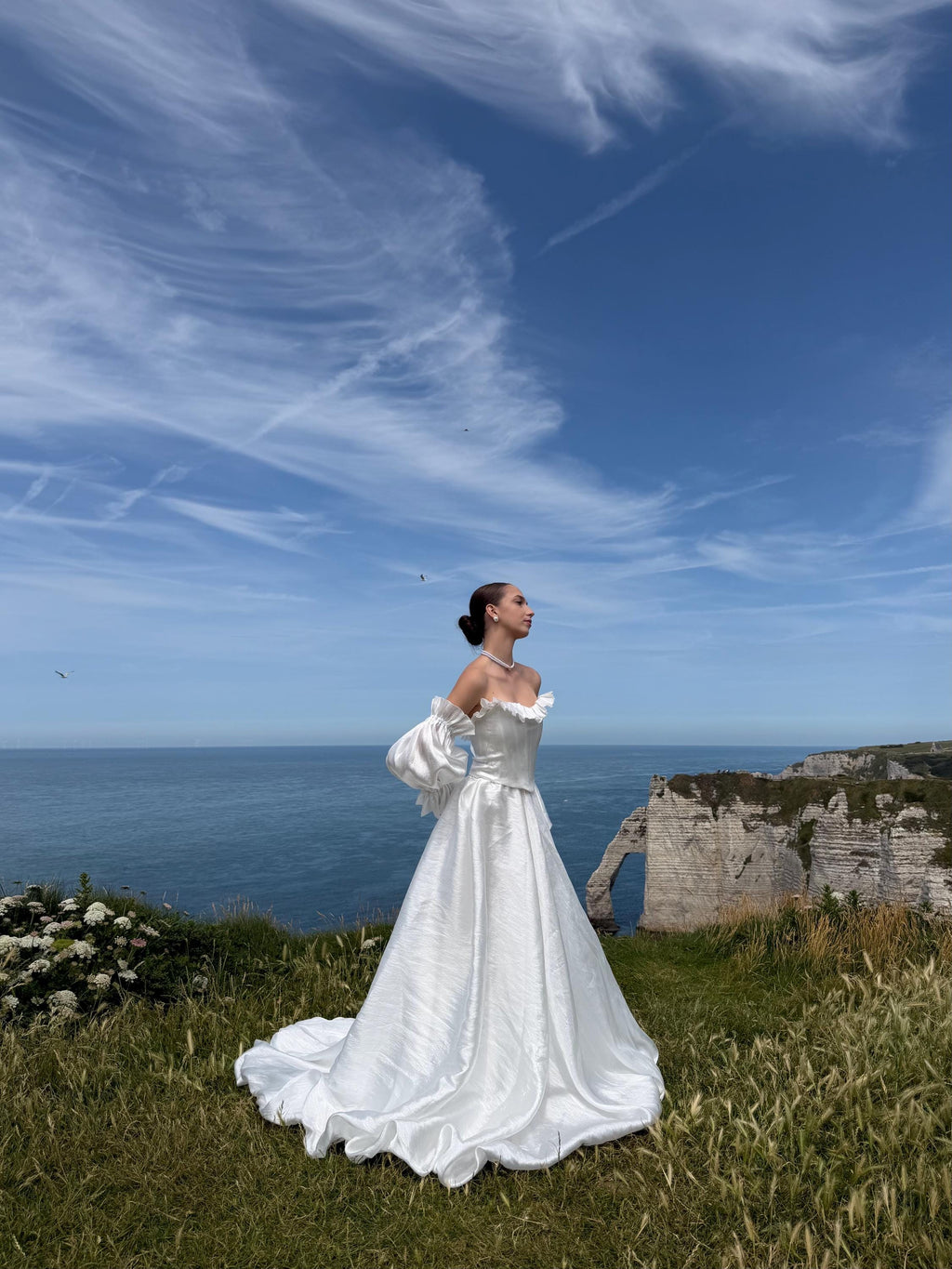 Off-Shoulder Taffeta Wedding Dress, Two Piece Corset A-Line, Detachable Sleeves