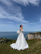 Off-Shoulder Taffeta Wedding Dress, Two Piece Corset A-Line, Detachable Sleeves