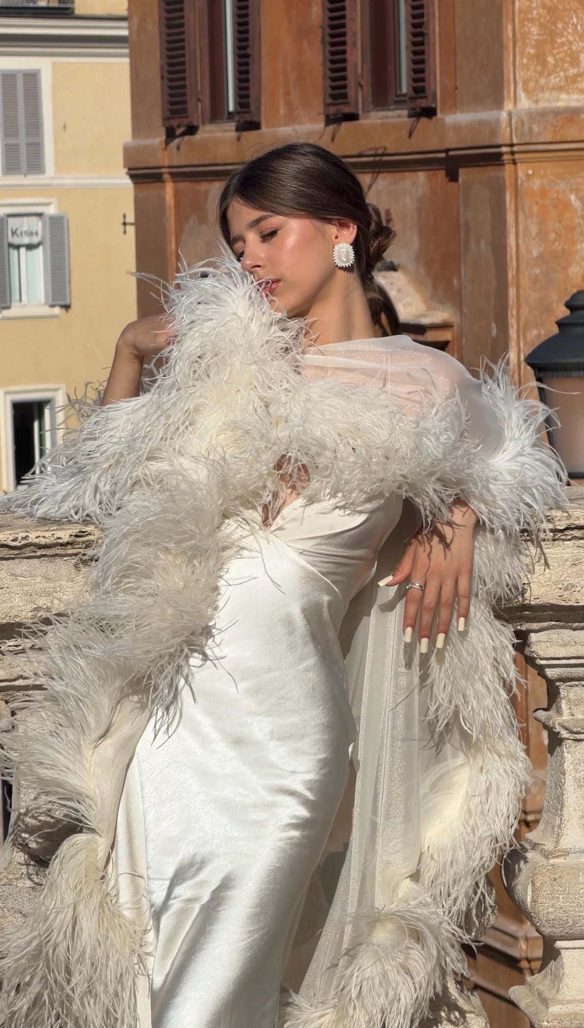 Ostrich Feather Bridal Cape, Ivory Silk Wedding Cover-Up, Custom Made
