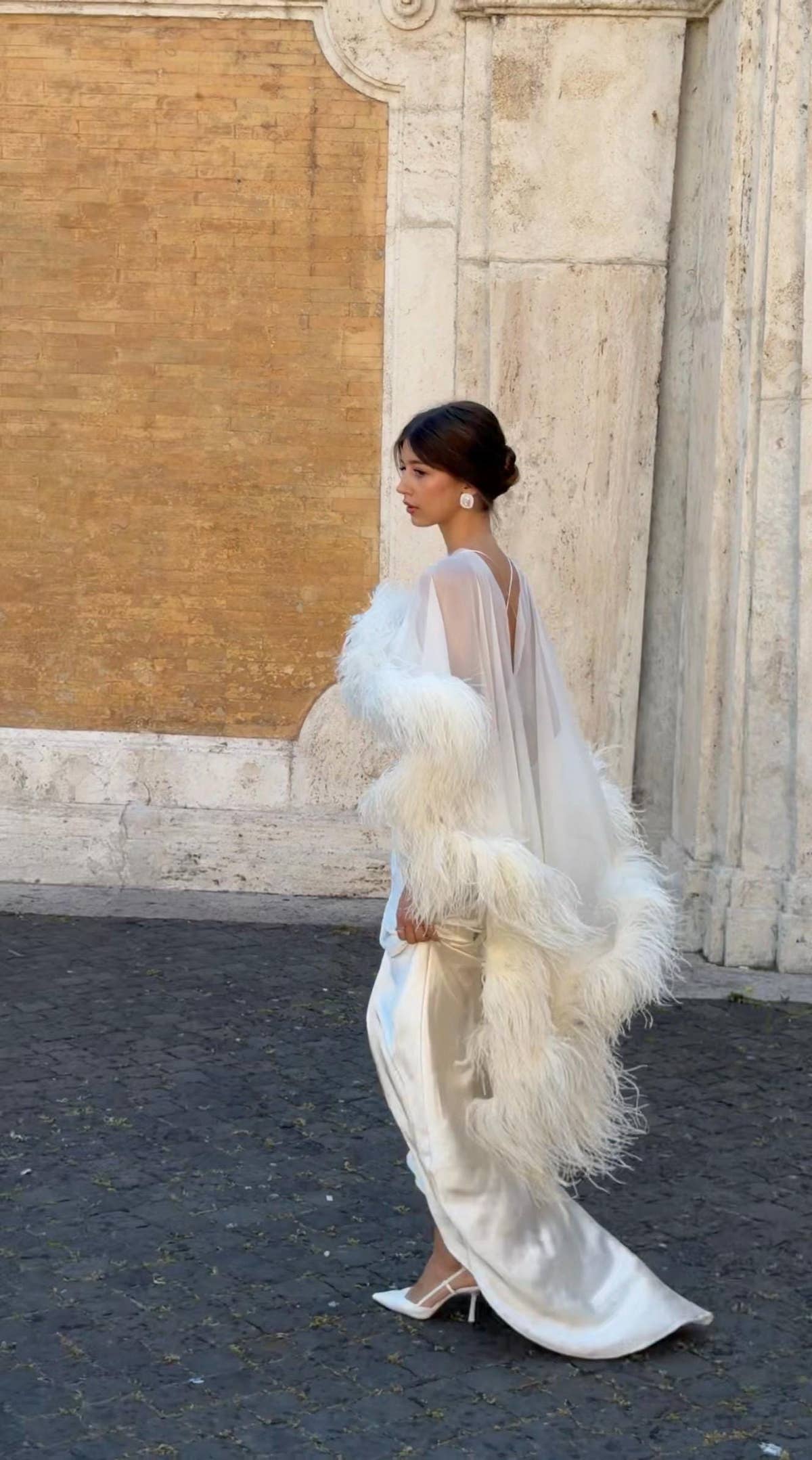 Ostrich Feather Bridal Cape, Ivory Silk Wedding Cover-Up, Custom Made