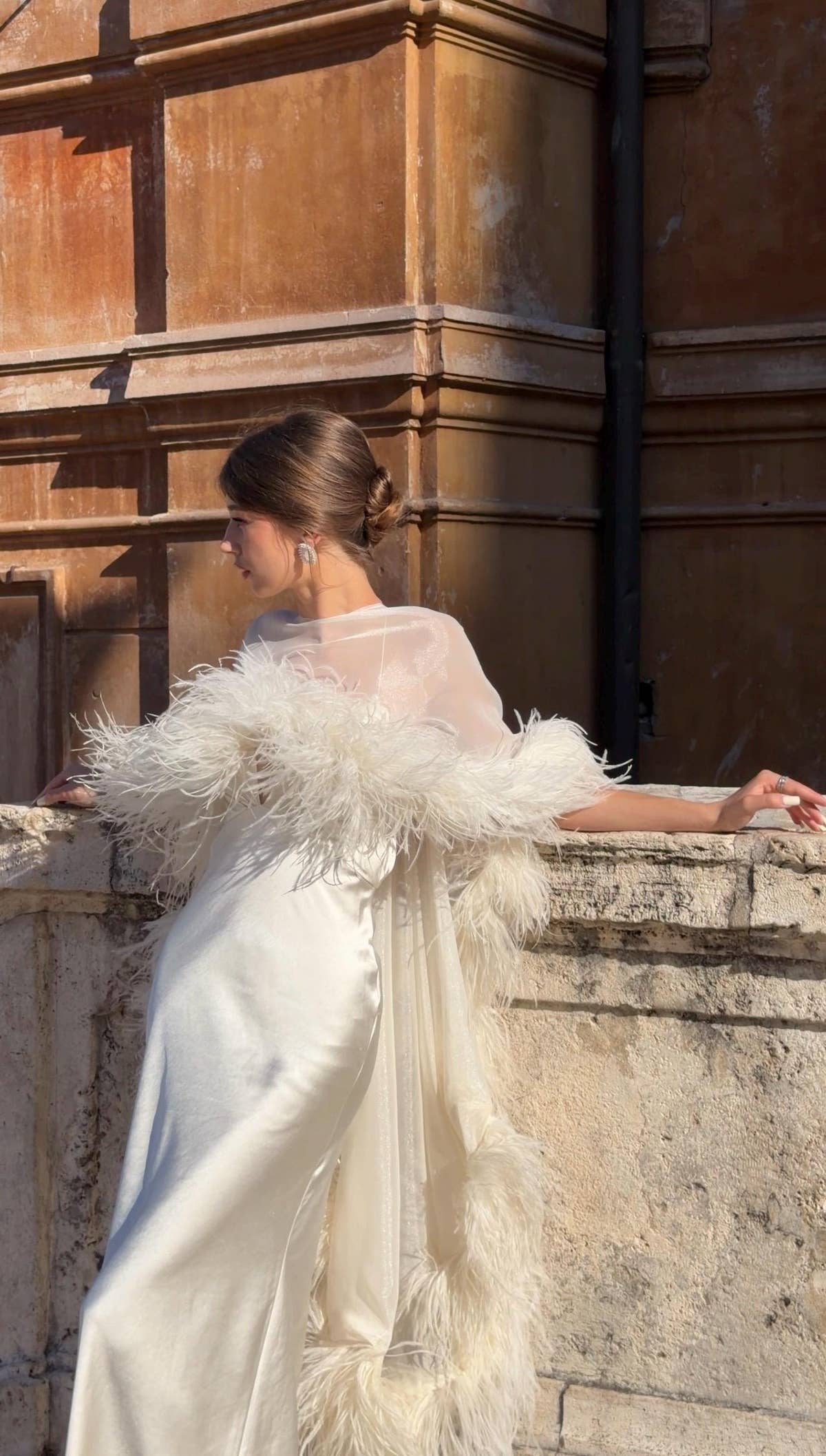 Ostrich Feather Bridal Cape, Ivory Silk Wedding Cover-Up, Custom Made