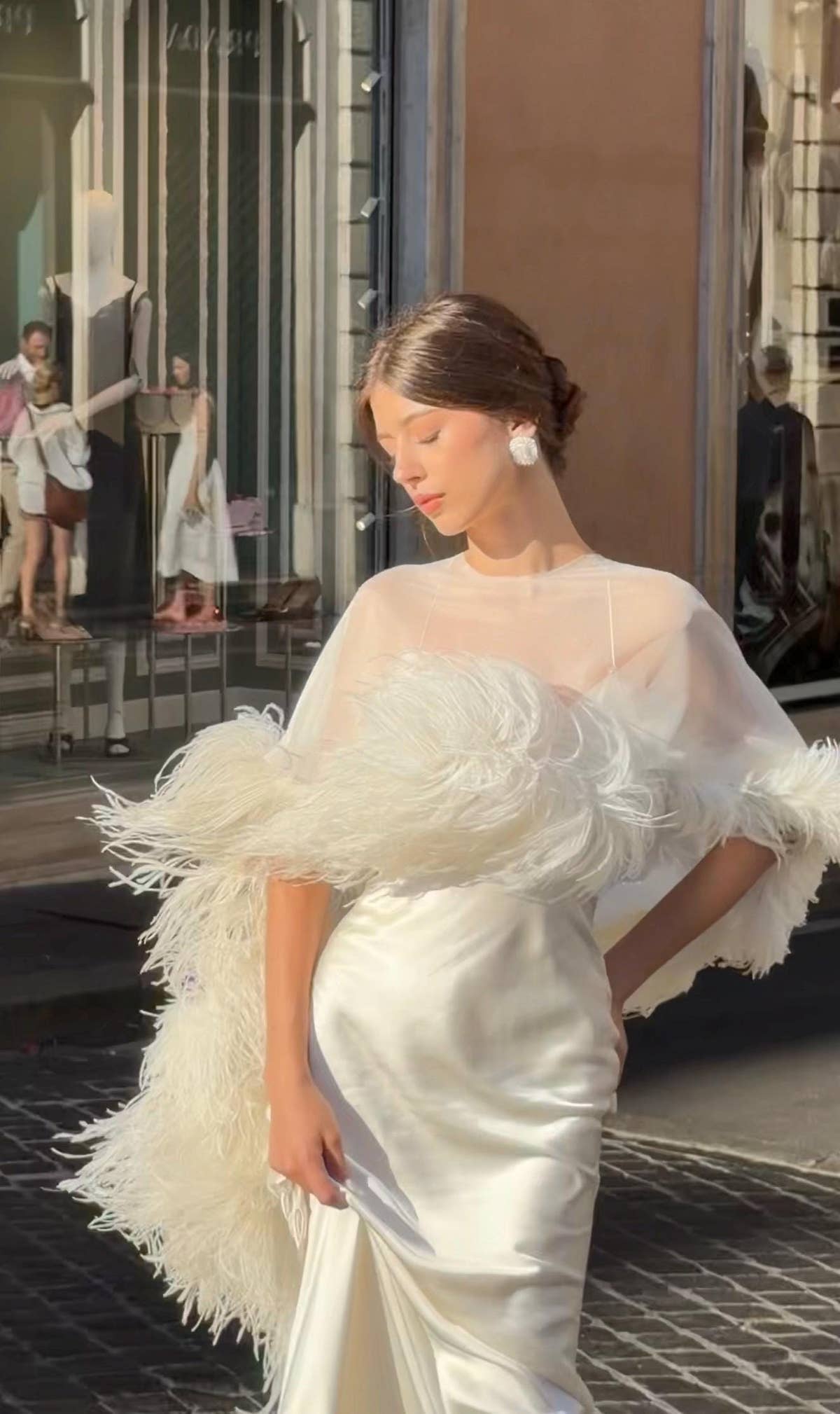 Ostrich Feather Bridal Cape, Ivory Silk Wedding Cover-Up, Custom Made