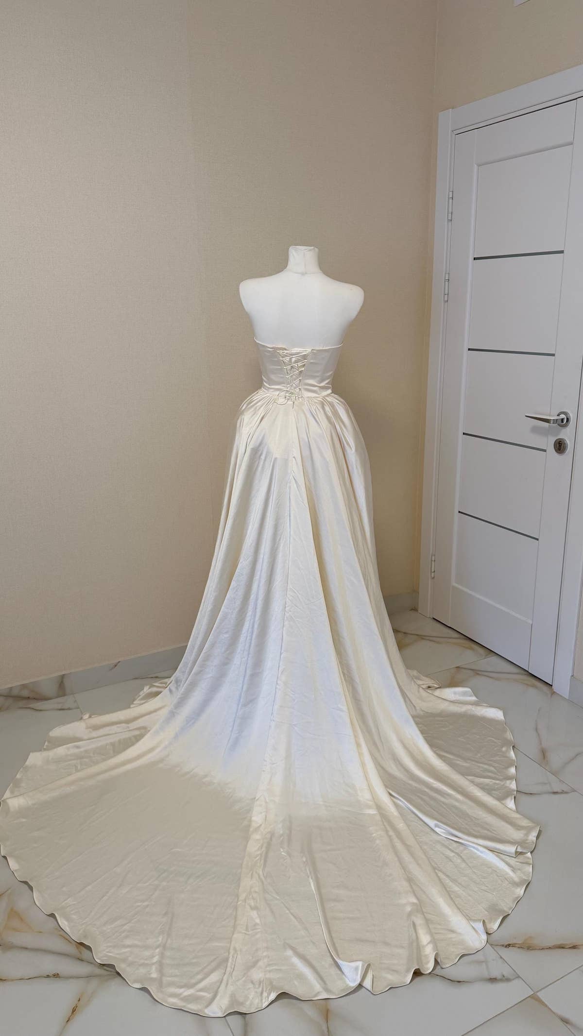 Ball Gown Wedding Dress, Strapless Satin Corset, Lace-Up Back, Custom Made