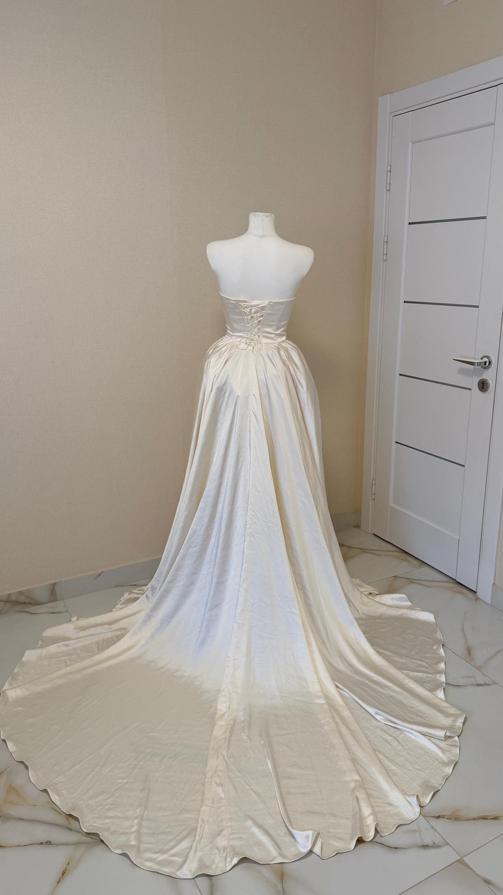 Ball Gown Wedding Dress, Strapless Satin Corset, Lace-Up Back, Custom Made
