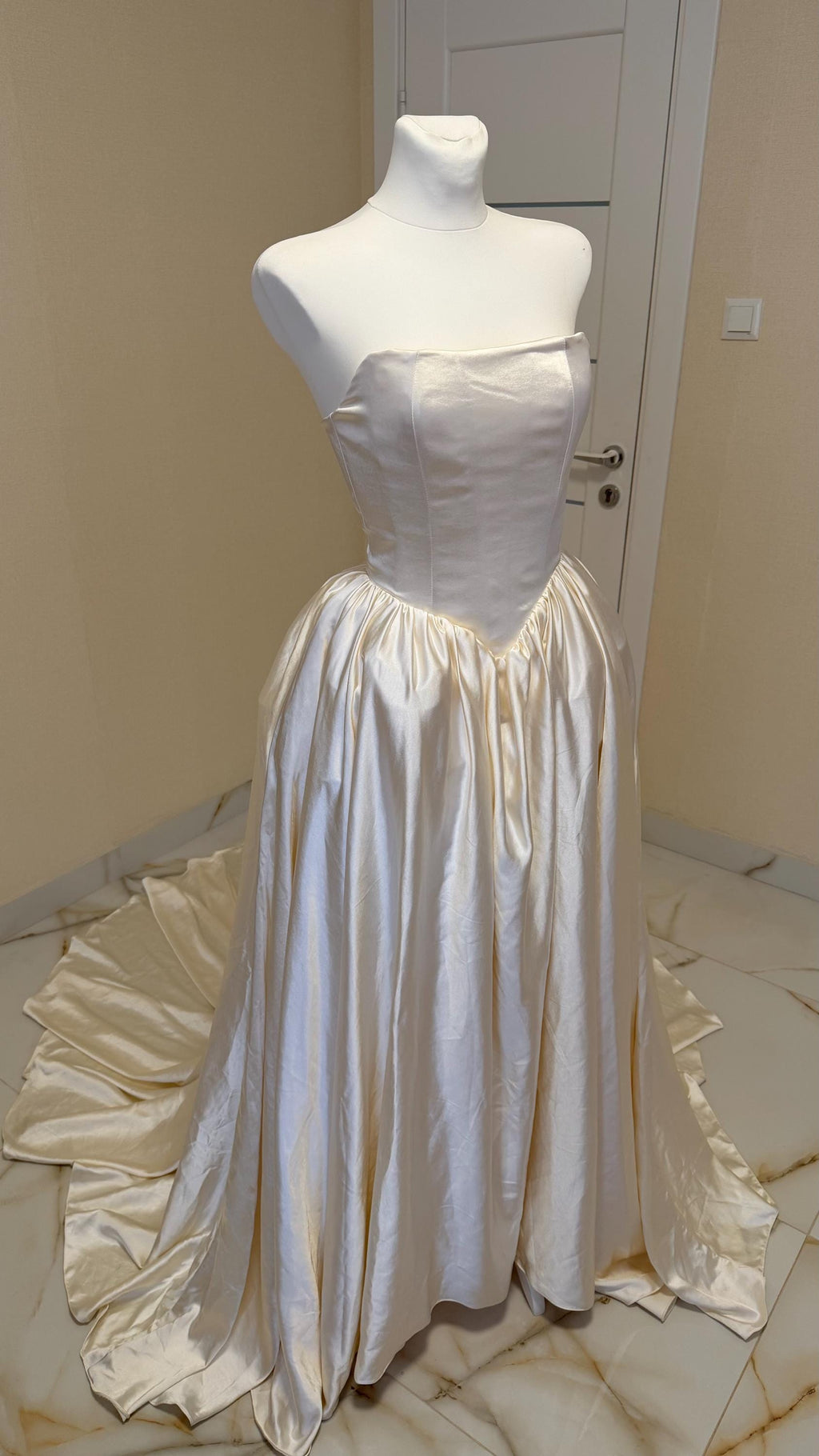 Ball Gown Wedding Dress, Strapless Satin Corset, Lace-Up Back, Custom Made