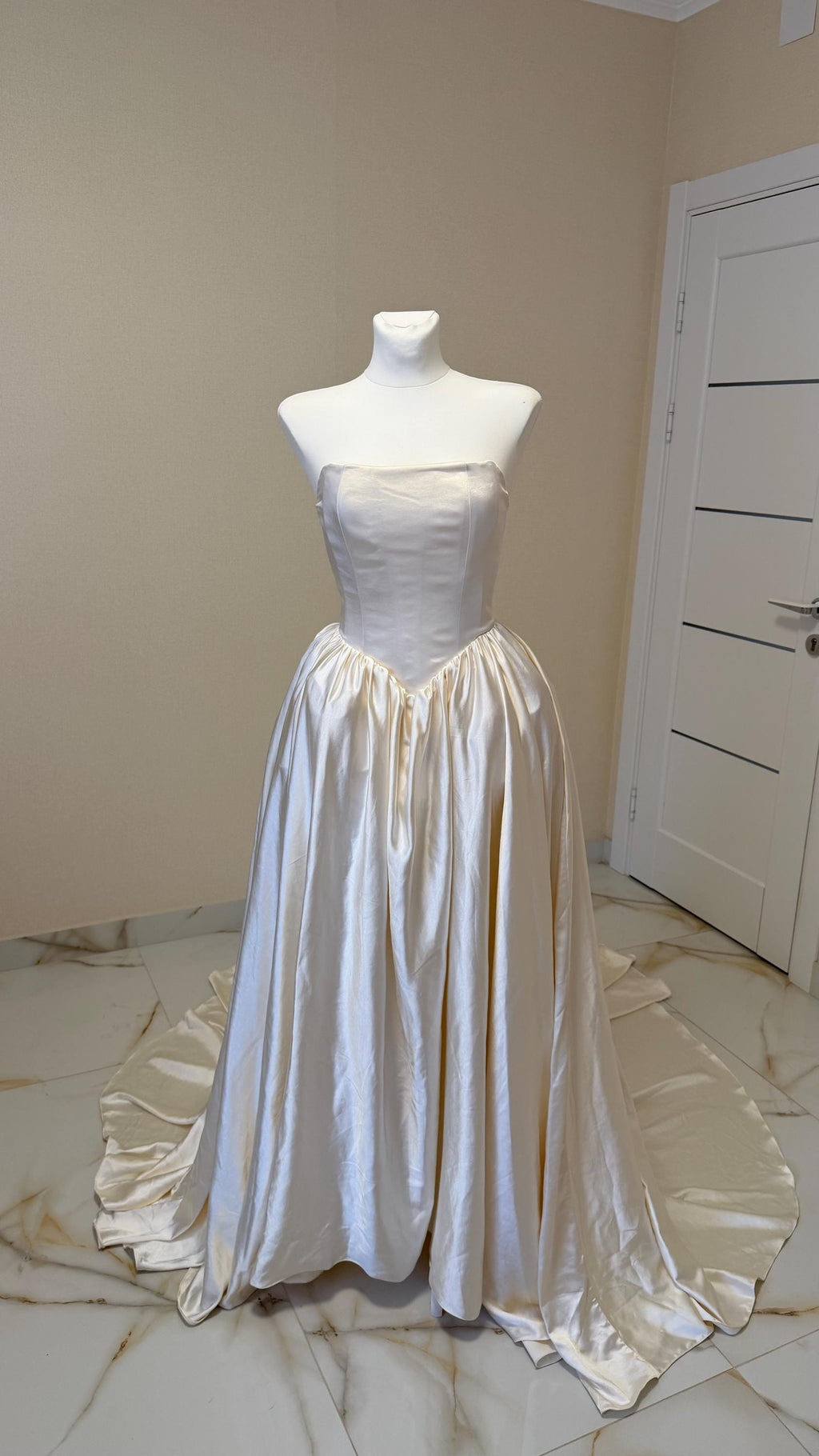 Ball Gown Wedding Dress, Strapless Satin Corset, Lace-Up Back, Custom Made