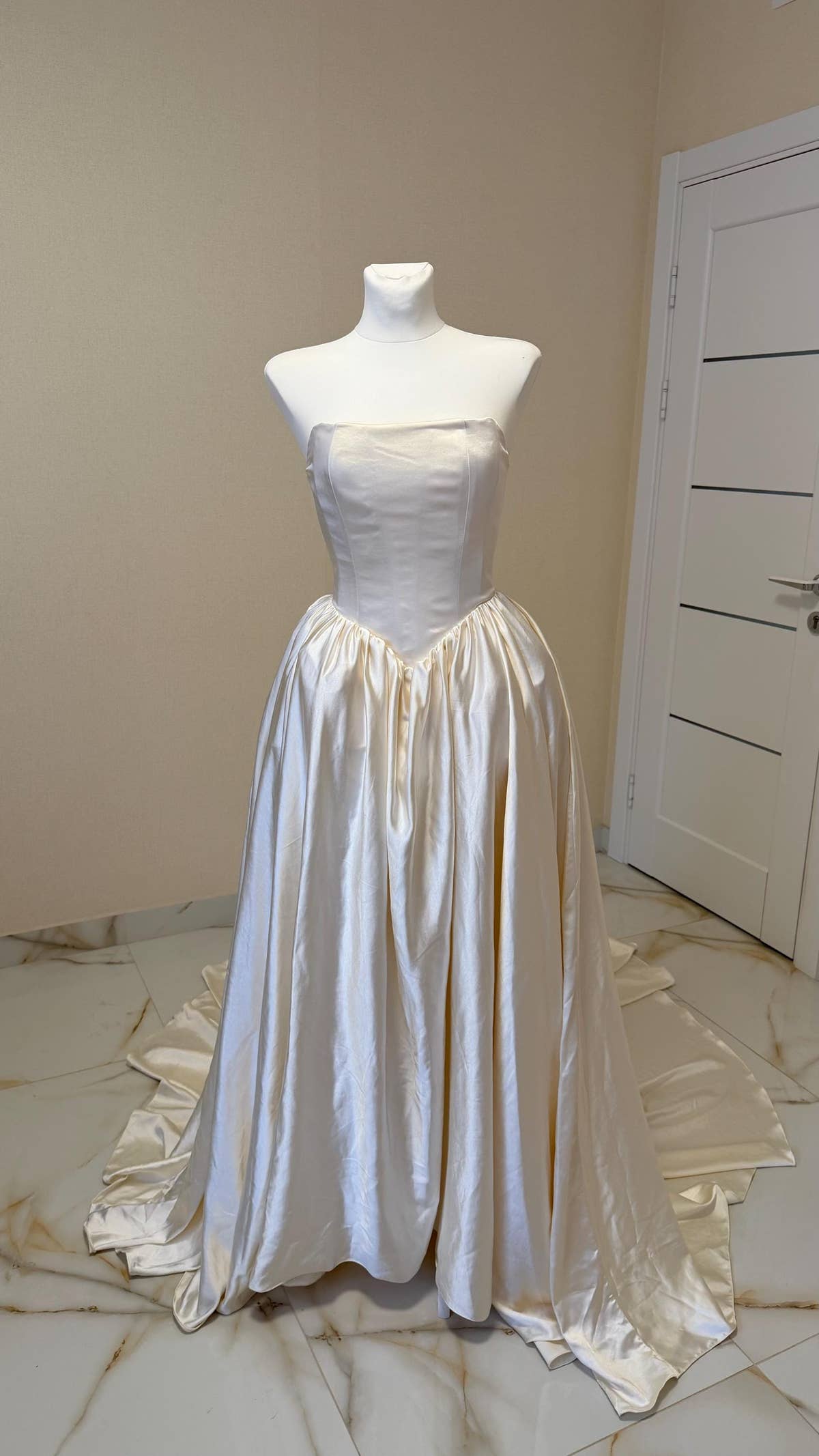 Ball Gown Wedding Dress, Strapless Satin Corset, Lace-Up Back, Custom Made
