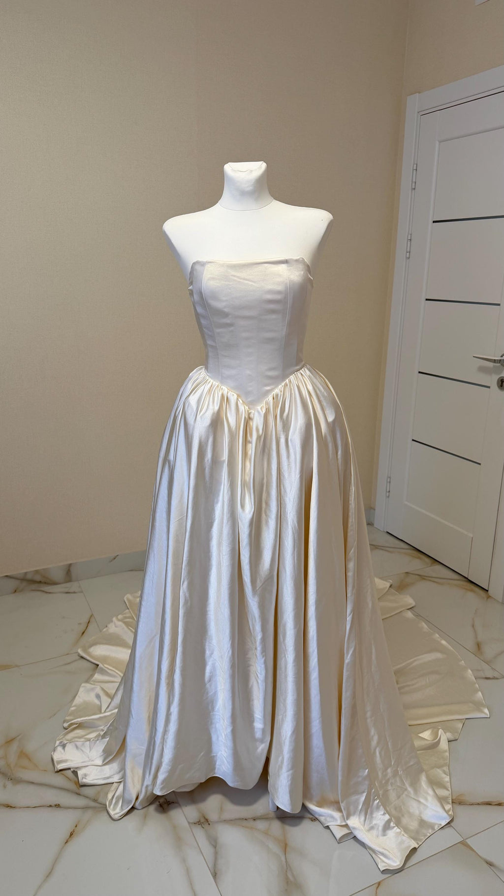 Ball Gown Wedding Dress, Strapless Satin Corset, Lace-Up Back, Custom Made
