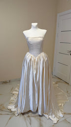 Ball Gown Wedding Dress, Strapless Satin Corset, Lace-Up Back, Custom Made