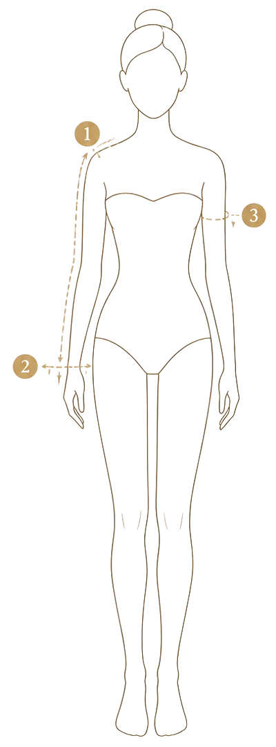 Figure with the three sleeve measurements marked: 1 sleeve length from shoulder to wrist, 2 wrist, 3 upper arm.
